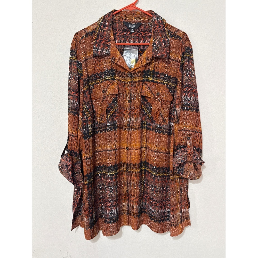 NWT Slim Factor Multi Print Orange/Brown/Black Stripe Women's 3X‎ Button Up